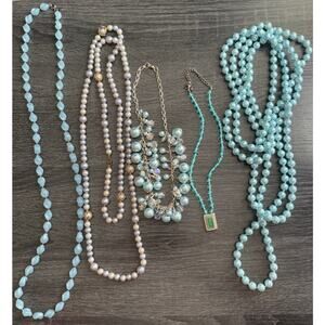 Lot Of 5 Light‎ Blue Beaded VTG Statement Necklaces Ornate Filigree Faux Pearl